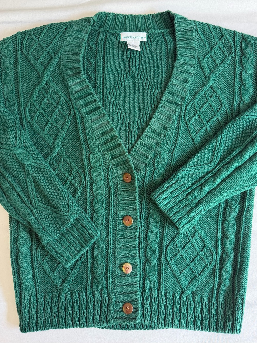 VTG Reed Hunter Green Cotton Blend Cable Knit Button Front Sweater Cardigan